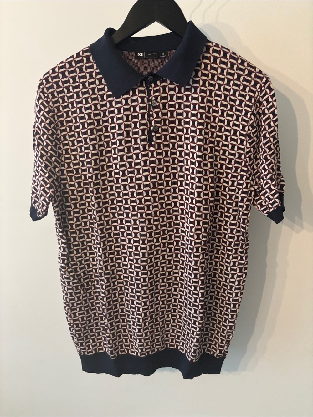 Le 31 by Simons M Burgundy Navy Geometric Pattern Knit Polo